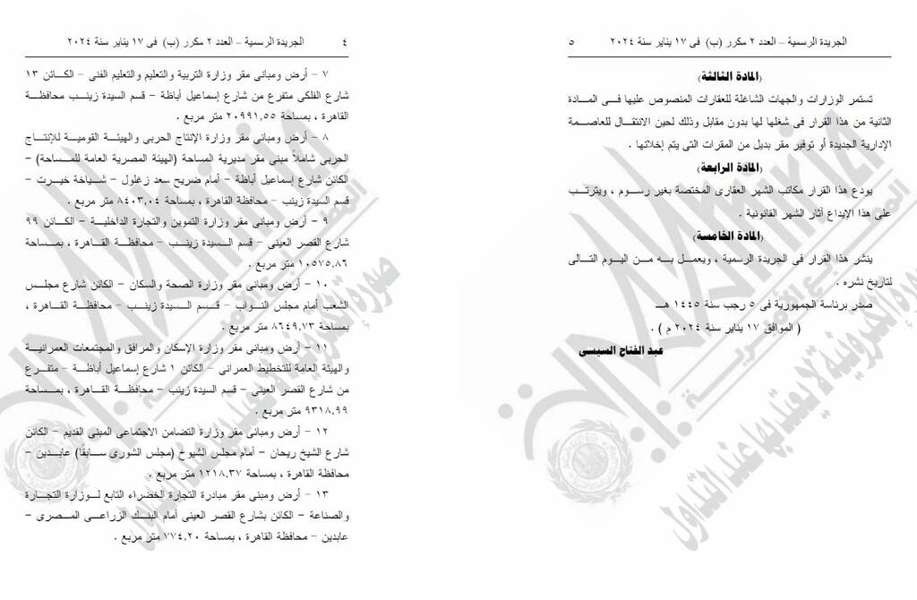 قرار جمهوري بنقل ملكية عدد من عقارات النفع العام لصندوق مصر السيادي 2 1024 1 2