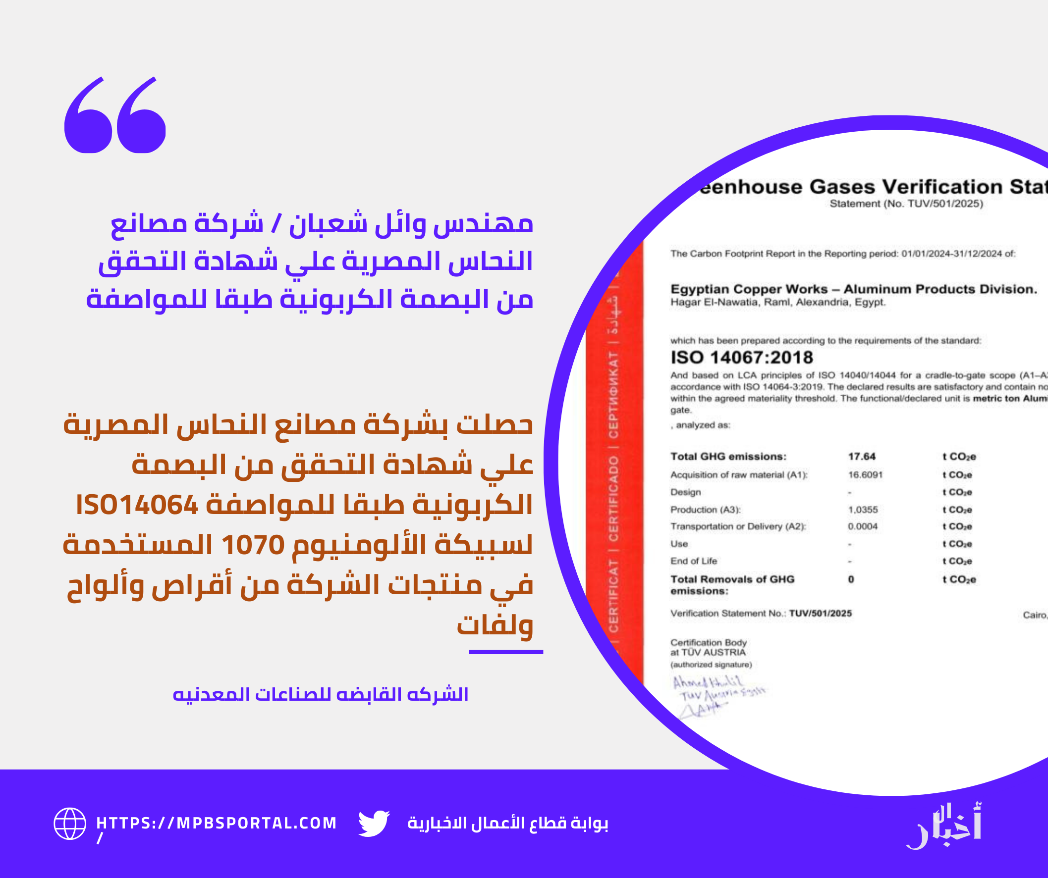 د/ وائل شعبان / شركة مصانع النحاس المصرية تحصل علي شهادة التحقق من البصمة الكربونية طبقا للمواصفة ISO14064 لسبيكة الألومنيوم 1070 المستخدمة في منتجات الشركة من أقراص وألواح ولفات 2 منشور إنستجرام أزرق وأبيض اقتباسات 8